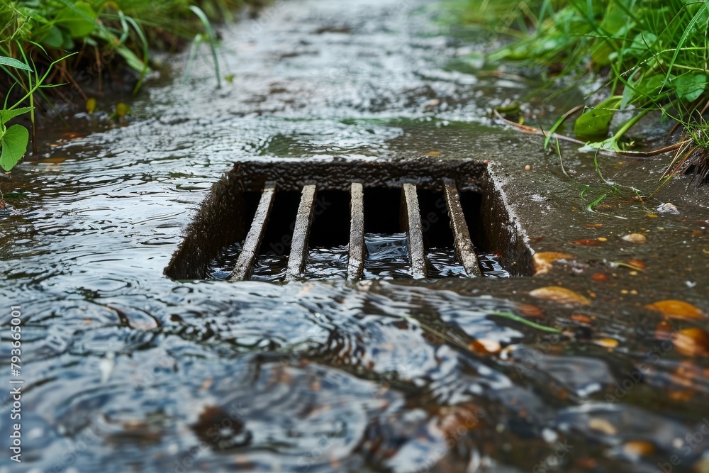Close-up of a blocked stormwater drain with debris obstructing the flow of rainwater.